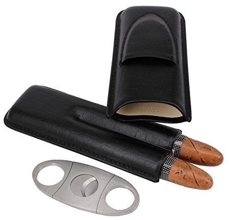 AMANCY Pocket- Fitable Genuine Leather Traveling Cigar Case Black Crocodile Genuine Leather Two Finger Humidor Box