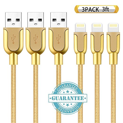 DANTENG iPhone Cable 3Pack 3FT, Charging Cord Nylon Braided 8 Pin to USB Lightning Charger for iPhone 8 , 8, 7, SE, 5, 5s, 6s, 6, 6 Plus, iPad Air, Mini, iPod (EarthGold)