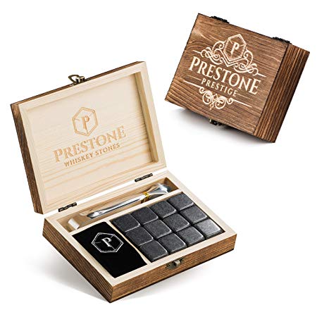 Premium Whiskey Stones Gift Set | 12 Polished Granite Reusable Ice Cubes | Complete Luxury Handcrafted Set - 12 Stones, Engraved Wooden Box, Velvet Bag and Tongs | Perfect Gift for Men (Gift Set)
