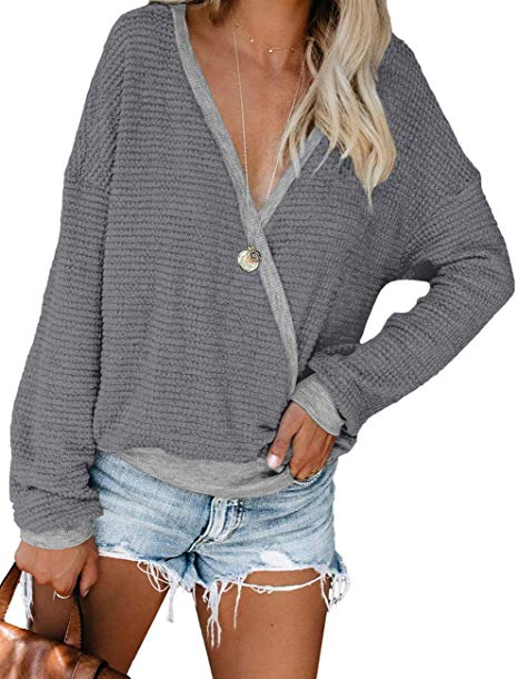 NSQTBA Womens Deep V Neck Wrap Sweaters Long Sleeve Waffle Knit Pullover Tops Shirts