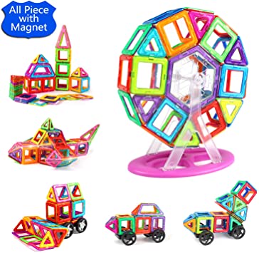 AMOSTING Magnetic Blocks Building Tiles Preschool Educational Construction Stacking Toys for 3 Years Old and Up Toddlers Boys & Girls with Ferris Wheel Stem Set & Car Wheels-100PCS