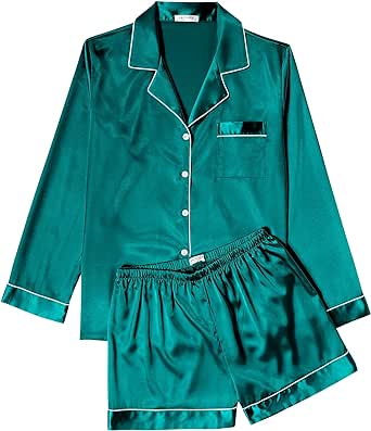 Ekouaer Silk Pajamas Womens Long Sleeve Sleepwear Soft Satin Button Down Loungewear 2 Piece Pjs Shorts Set S-XXL