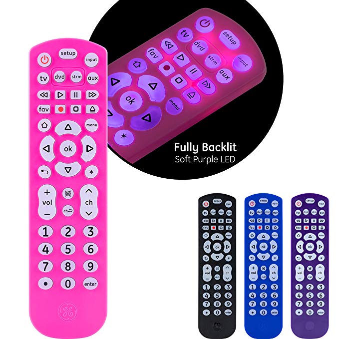 GE Universal Remote Control, Backlit, for Samsung, Vizio, Lg, Sony, Sharp, Roku, Apple TV, RCA, Panasonic, Smart TVs, Streaming Players, Blu-Ray, DVD, Simple Setup, 4-Device, Pink, 44221