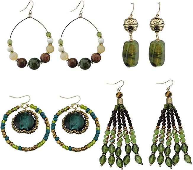 Coiris 4 Pairs Earring Set for Women Olive Green Fringe Dangle Pendant Earrings/Hoop Beaded Earrings