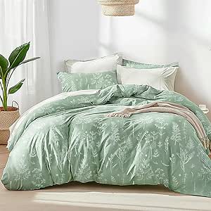 Love's cabin Sage Green Comforter Set Queen - Queen Size Comforter Set, 3 Pieces Cute Floral Bedding Sets for All Seasons,1 Soft Reversible Botanical Flowers Comforter and 2 Pillow Shams