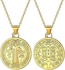 U7 Saint Benedict Medal Necklace 18K Gold or 316L Stainless Steel Christian Sacramental Medal Ward off Evil Protection Jewelry Catholic Gift for Men Women, Customizable