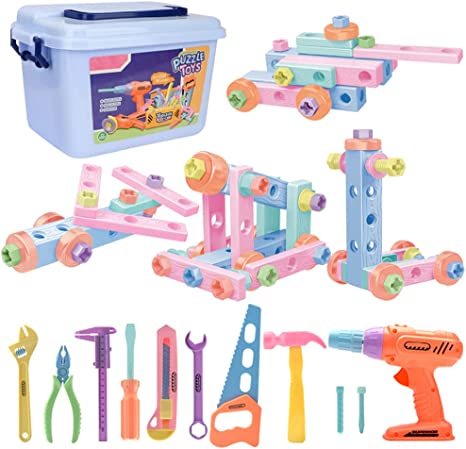 Bee bee Run 79PCS Kids Tool Set with Tool Box & Electronic Toy Drill, Pink STEM Pretend Play Tool Toy for Kids Girls 3 4 5 6