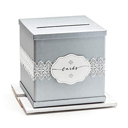 Hayley Cherie - Silver Gift Card Box with White Lace and Cards Label - Silver Textured Finish - Perfect for Weddings, Baby Showers, Birthdays, Graduations - Large Size 10" x 10"