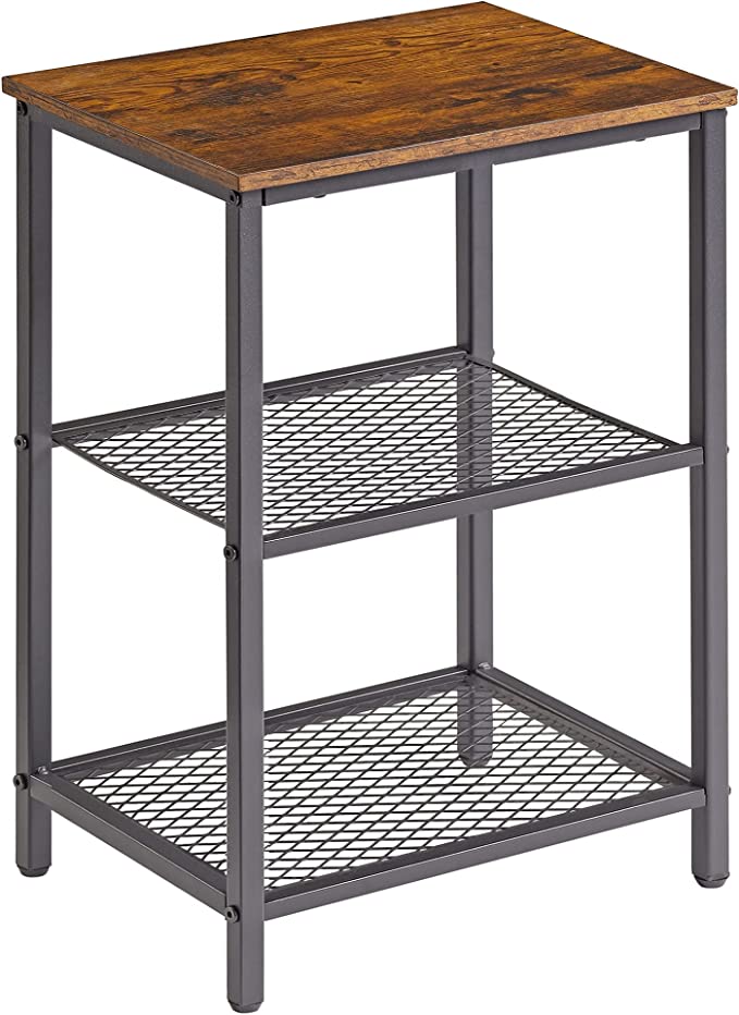 VECELO 3-Tier End Table, Small Nightstand with Storage Shelf for Living Room Bedroom, Metal Frame, Industrial, Brown