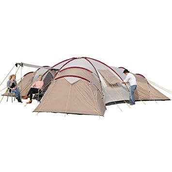 Skandika Turin Large Family Group 12-Person Tent with 3 Sleeping Rooms and Sun Canopy Porch, Brown/Beige