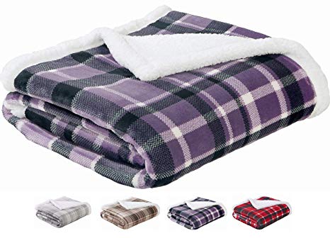 Sedona House Sherpa Fleece Blanket Throw Purple Plaid - Luxury Flannel with Sherpa Cozy Fuzzy Plush Fleece Blanket Size 50"x60"
