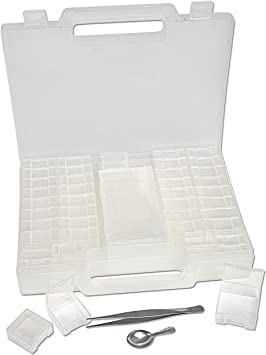 The Beadsmith Bead Organizer Carrying Case, 55 piece set, with removable compartments in assorted sizes, a carrying case, plus a bead scoop and tweezer.