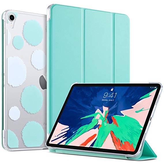 ULAK Case for iPad Pro 11 Inch 2018, Slim Lightweight Trifold Stand Smart Cover with Auto Wake/Sleep, Hard Back Clear Polka Dot Cover for iPad Pro 11 (Support 2nd Gen iPad Pencil Charging), Mint