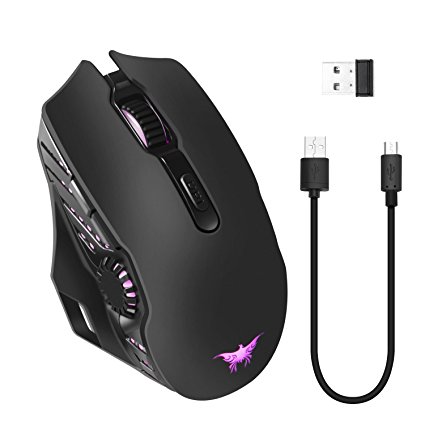 Wireless Wired Gaming Mouse,Dual-mode 2.4GHz Rechargeable Optical Mice with USB Receiver,6000 DPI 6 Adjustable DPI Levels,6 Color Breathing Lights for Laptop PC Mac Pro and Computer(Black)