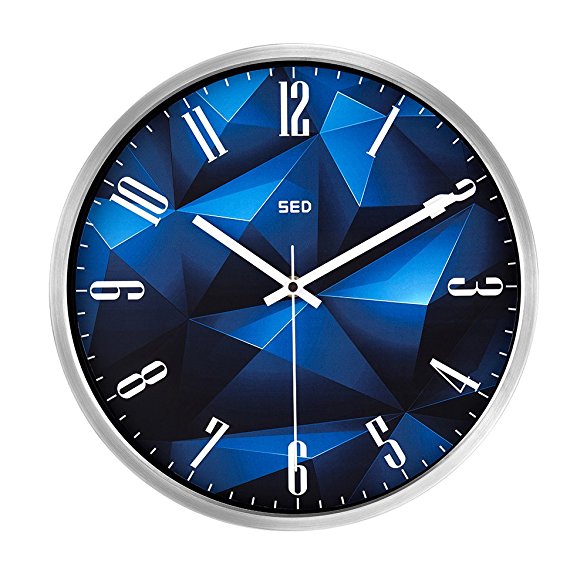 Color Map-Silvery Wall Clock, 12 Inch Silent Non Ticking Quality Quartz Battery Operated Easy to Read Home/Office/School Clock, With Stainless Steel Frame(BlueCrystal, Silver)