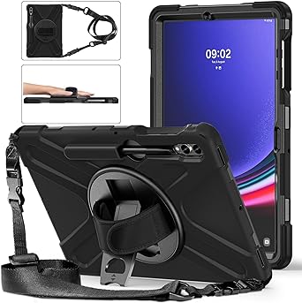 Gerutek for Samsung Galaxy Tab S9 FE Plus Case Shockproof, Samsung Tab S7 FE Rugged Case with [Pen Slot][360 Rotating Stand & Hand Strap] Protective Case for Galaxy Tab S9 FE /S9 /S8 /S7FE/S7 ,Black