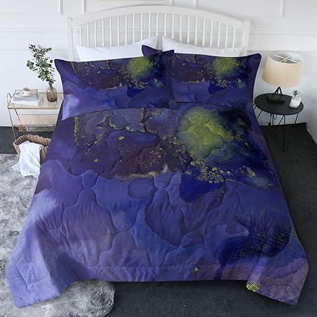 BlessLiving Blue Purple Watercolor Comforter Set Drops of Hand Paint Art 3 Pcs Abstract Coastal Bed Set Natural Theme Bedspread Lightweight Bedding Quilt Sets (Full/Queen)
