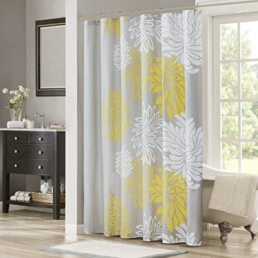 Comfort Spaces – Enya Shower Curtain – Yellow, Grey – Floral Printed- 72x72 inches