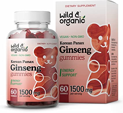 Wild & Organic Korean Panax Red Ginseng Gummies - Herbal Supplement for Focus, Memory & Brain Function - Natural Mood, Energy & Immunity Booster - Vegan & Non-GMO Daily Chewables - 1500mg, 60 Chews