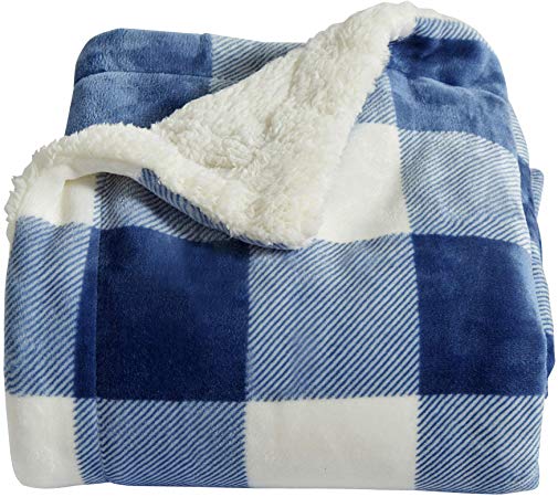 Home Fashion Designs Premium Reversible Sherpa and Fleece Velvet Plush Blanket. Fuzzy, Soft, Warm Berber Fleece Bed Blanket. (Full/Queen, Buffalo Check - Navy)