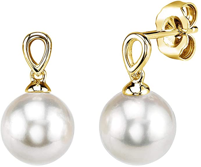 THE PEARL SOURCE 14K Gold AAA Quality Round Genuine White Akoya Cultured Pearl Sherry Earrings for Women