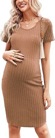 Ekouaer Maternity Dress Rib Knit Short Sleeve Bodycon Dresses Casual Stretchy Pregnancy Clothes S-XXL