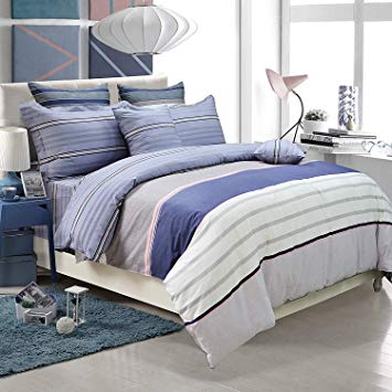 Ustide 4-Piece Striped Bedding Set 800 Thread Count Cotton Bedding Set Gray Stripe Duvet Cover, Fitted Sheet and 2 Pillowcase Bed Set with Hidden Zipper Double