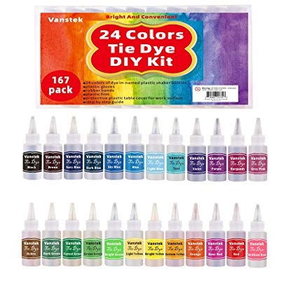 Vanstek Tie Dye DIY Kit, 24 Colors Tie Dye Shirt Fabric Dye for Women, Kids, Men, with Rubber Bands, Gloves, Plastic Film and Table Covers for Family Friends Summer Party Supplies
