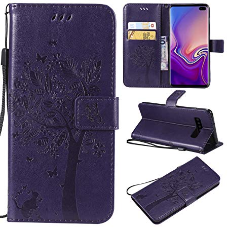 NOMO Galaxy S10 Plus Case,Samsung S10 Plus Wallet Case,Galaxy S10 Plus Flip Case PU Leather Emboss Tree Cat Flowers Folio Magnetic Kickstand Cover with Card Slots for Samsung Galaxy S10 Plus Purple