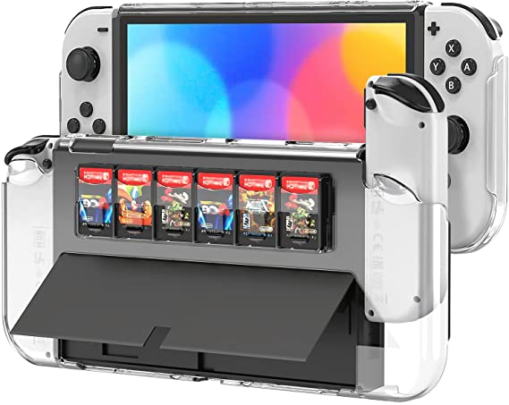 Protective Case Compatible with Nintendo Switch OLED, FYOUNG Protective Accessories Hard Clear Cover Case with 6 Game Card Slots for Switch OLED Cards Storage Case and Kickstand Designed for Switch OLED