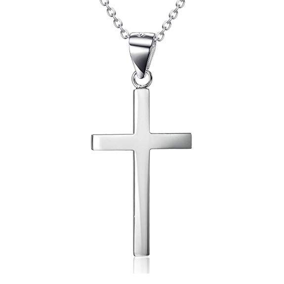 LUHE Cross Necklace 14K White Gold Plated Sterling Silver Small Cross Pendant Chain for Men Women Girls Boys 16",18",20"