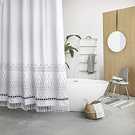YoKii Tassel Fabric Shower Curtain, 54x78 Inch White Boho Striped Chevron Polyester Bath Curtain Set with Hooks, Decorative Spa Hotel Heavy Weighted Bathroom Curtains, (54 x 78, Nordic Chic)