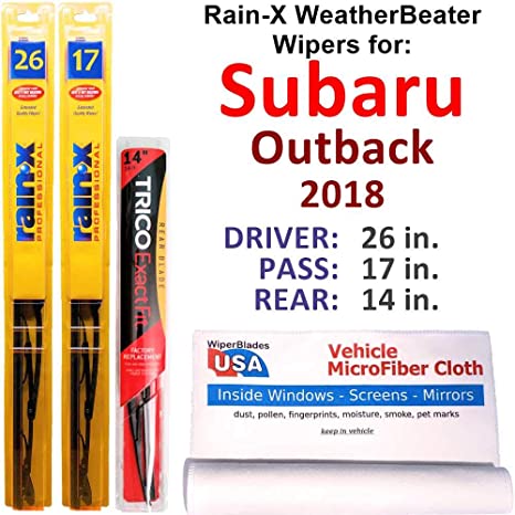 Rain-X WeatherBeater Wipers for 2018 Subaru Outback Set w/Rear Rain-X WeatherBeater Conventional Blades Wipers Set Bundled with MicroFiber Interior Car Cloth