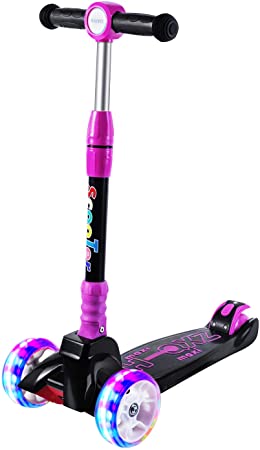 SULIVES Kick Scooter for Kids 3 Wheel Scooter 3 Adjustable Height Lean to Steer with LED Flashing Light for Children Girls and Boys
