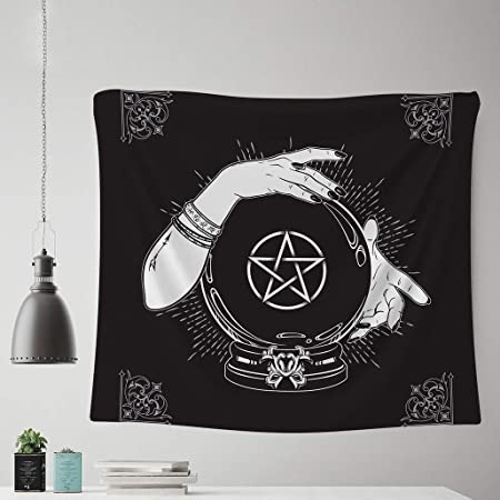 Wall Hanging Bedding 50×60 Inches Black Background Tapestry of Hand Drawn Magic Crystal Ball With Pentagram Star In Hands of Fortune Teller