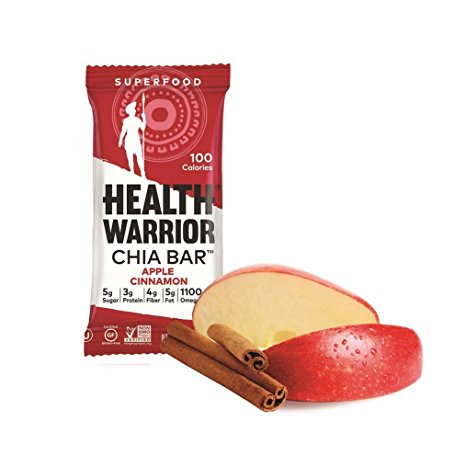 Health Warrior Chia Bars, Apple Cinnamon, Superfood Snack, 100 Calories, 1060mg Omega-3s, 5g Sugar, 4g Fiber, Gluten Free, Vegan, 15 count, Net Wt. 13.2 Oz