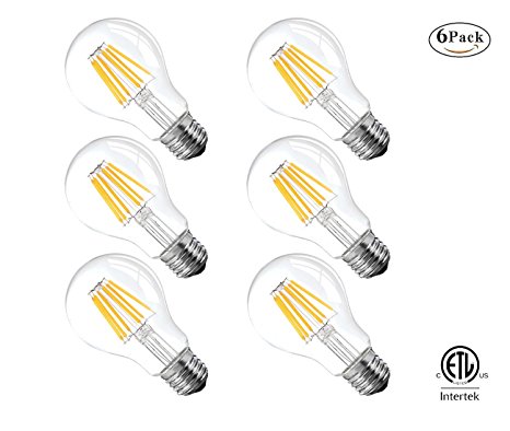 Vintage Edison LED Bulb, 6W Antique LED Bulb,Classic A19/A60 LED Light Bulbs, E26 Medium Base Lamp, 2700K Warm White, 600 Lumens,60 Watt Equivalent, Clear Glass Cover,Not-Dimmable,ETL Listed,6 Pack