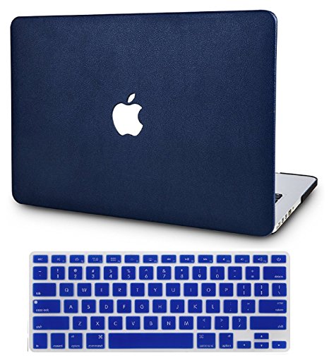 KEC MacBook Pro 13" Retina Case Leather with Keyboard Cover Folio Italian Pebble Leather A1502/A1425 (Dark Blue Leather)