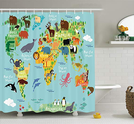 Ambesonne Wanderlust Shower Curtain Decor, Animal Map of The World for Children and Kids Cartoon Mountains Forests Image, Polyester Fabric Bathroom Shower Curtain Set with Hooks, Green Yellow Blue