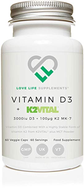 Vitamin D3 3000iu   K2 (MK-7) by LLS | 3000iu D3   100μg K2VITAL® K2 MK-7 | Love Life Supplements - 'Clean, Effective, High Quality'