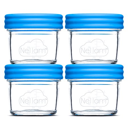 Nellam Baby Food Storage Containers - Leakproof, Airtight, Glass Jars for Freezing & Homemade Babyfood Prep - Reusable, BPA Free, 4 x 4oz Set, that is Microwave & Dishwasher Safe