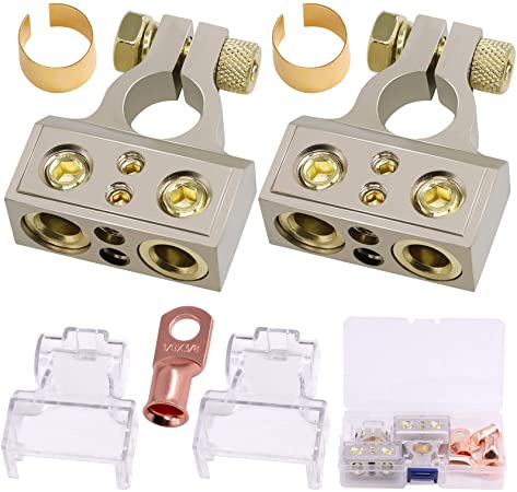 Rustark 2 Pcs Battery Terminal Connectors 0/4/8/10 Gauge AWG Positive Negative Chrome Battery Terminals with Spacer Shims and Covers for Car Auto Caravan Marine Boat Motorhome