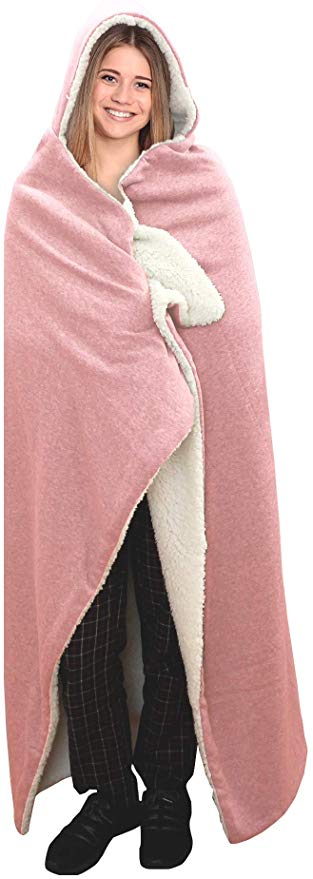 Posh Home Hooded Jersey Knit Reversible Sherpa Throw Blanket, 50" x 60" (Cotton Blend Blush)
