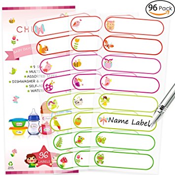 Baby Bottle Labels, Waterproof Durable Write-On Kids Name Labels for Daycare, Pack of 96 (Girls - Cute Icons)