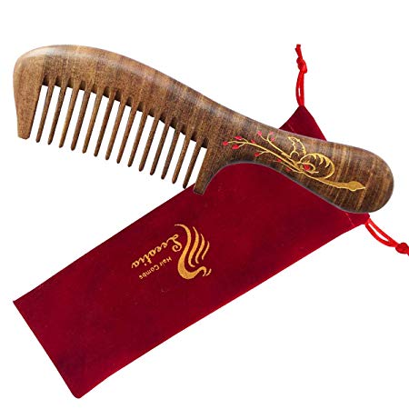 Wide Tooth Natural Wooden Comb With Gift Bag for Thick Hair or Fine Hair - No-static Hand-Made Comb for Curly or Straight Hair, Detangling Combs for Girls, Boys, Men and Women