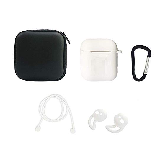 XIYU 5pcs Silicone Earbuds & Anti-Lost Strap Rope Wire with Keychain Zipper Pouch Cover Case Set for Apple Airpod Wireless Bluetooth Headphones Cases (White)