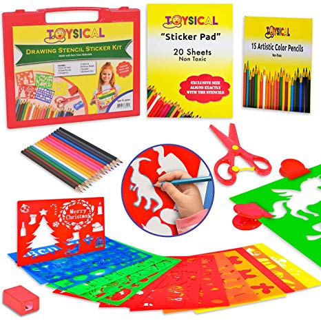Toysical Kids Stencils Sticker Set for Girls & Boys - 52 Pc Drawing Art N Crafts Set with Clips
