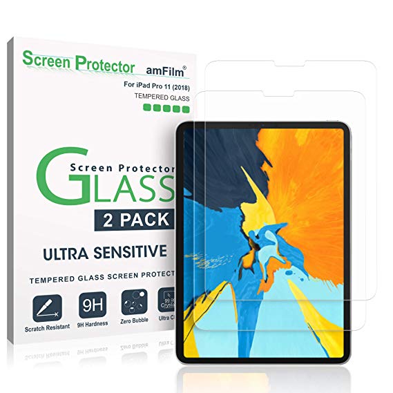 amFilm Glass Screen Protector for iPad Pro 11 inch (2 Pack), Tempered Glass, Ultra Sensitive, Face ID and Apple Pencil Compatible