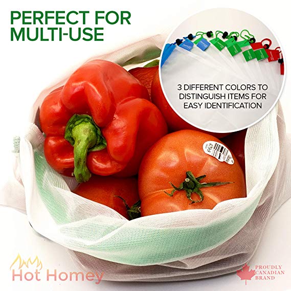Hot Homey Reusable Mesh/Produce Bags 9 Pack (See-Through) Superior Bags with Tare Weight on Tags for Shopping & Storage of Fruit, Veggies, Grocery, Tools and Toys- Designed in Canada