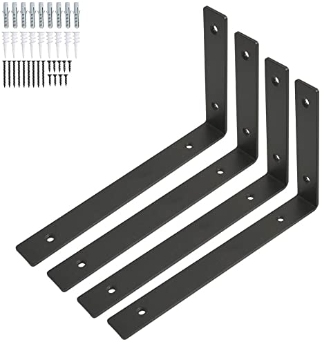 Black Steel Shelf Brackets 4 Pack L Corner Brace 10" x 6" Decorative Joint Angle Bracket for DIY Floating Shelf with Hardware Heavy Duty Multiple Sizes Available